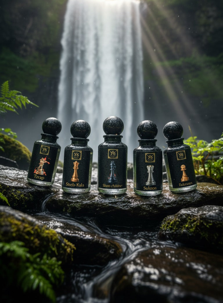 Five black bottles with gold labels on a rock in front of a waterfall